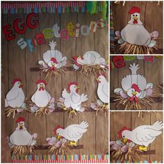 several pictures of chickens and roosters in the hay with words on them that say egg season