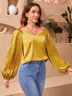 Sweetheart Neck Blouse, Gold Blouse, Plain Tops, Romantic Look, Bishop Sleeve, Yellow Print, Satin Blouse, Satin Top