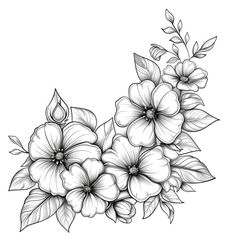 black and white drawing of flowers with leaves