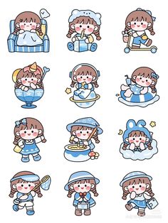 cartoon girl stickers with different expressions