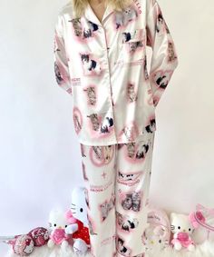 Kawaii Pajamas Pink Kawaii Sleepwear With Cartoon Print, Kawaii Long Sleeve Pajama Party Sets, Pink Kawaii Loungewear Sets, Kawaii Pink Sleepwear For Bedtime, Cute Cartoon Print Sleepwear For Home, White Kawaii Cartoon Print Sets, Cute Cartoon Print Sleep Sets, Kawaii Cartoon Print Sleepwear For Sleepover, Cute Cartoon Print Sleepwear Sets