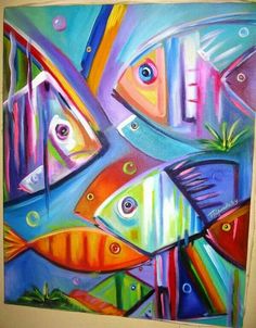 an abstract painting of colorful fish in the ocean