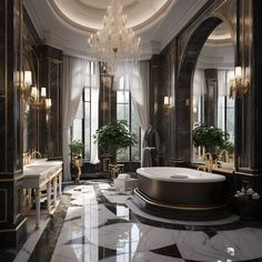 an elegant bathroom with black and white marble flooring, chandelier and bathtub