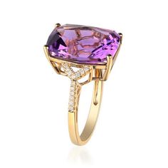 Ross-Simons - 8.50ct Amethyst, .13ct t. w. Diamond Ring Emerald Cut in 14kt Yellow Gold. Size 6. Bold and brimming with regal elegance, this luxurious ring features an impressive 8.50 carat rectangular amethyst sparked by .13 ct. t. w. round brilliant-cut diamonds. Set in polished 14kt yellow gold. 5/8" wide. Diamond and amethyst ring. Amethyst birthstones are the perfect gift for February birthdays. Diamond Ring Emerald Cut, Diamond Ring Emerald, Real Diamond Ring, Amethyst Birthstone, Ring Emerald Cut, Real Diamond Rings, Amethyst Set, Emerald Cut Diamond Ring, Amethyst And Diamond Ring