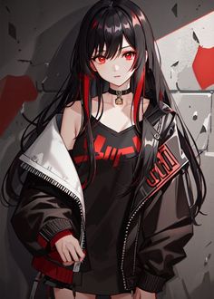 Black Hair With Red Highlights, Black Hair Model, Chica Dark, Anime Red Hair, Brown Eyes Black Hair, Red Streaks, Striped Art