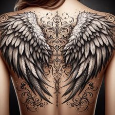 the back of a woman's body with angel wings on her upper and lower back