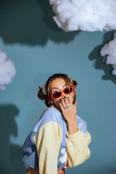 Blue Backdrop Photoshoot Ideas, Gen Z Portrait Photography, Quirky Portrait Photography, Podcast Photo Shoot Ideas, Heaven Photoshoot, Artsy Photoshoots, Kawaii Photoshoot, Quirky Photoshoot, Cloud Photoshoot