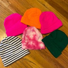 Adorable Set Of Hats, Just Not My Style. All Are From Shein Except The Striped One Which Is From Old Navy. The Shein Ones Are Brand New, The Striped One Is A Few Years Old But Never Worn. The Tie Dye One Is A Thicker Material, No Fabric Tag Feels Like Cotton Blend? Colors Are Fairly True To The Pics! 2 Hot Almost Neon Pink, One Bright Tangerine, One Perfect Shade Of Emerald Green, One Pink Tie Dye, One White And Very Dark Navy Striped. Casual Knit Beanie For Spring, Casual Spring Knit Beanie, Casual Pink Beanie One Size, Casual Pink Beanie, Casual Soft Knit Beanie For Spring, Pink Casual Beanie For Fall, Casual Pink Beanie For Fall, Spring Ribbed Beanie Hat, Trendy Knit Hats For Spring