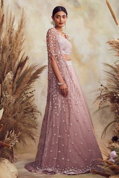 Buy Purple Organza And Net Embroidery Pearl Sweetheart Neck Cape Lehenga Set For Women by Niamh By Kriti Online at Aza Fashions.