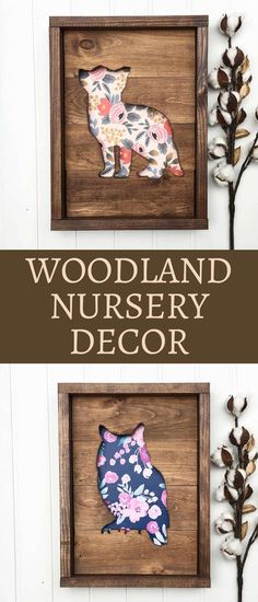 wooden nursery decor with the words woodland nursery decor above it and an image of a pig