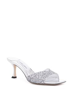 Find JIMMY CHOO Skye Glittered Leather Sandals on Editorialist. silver-tone calf leather metallic effect glitter detailing slip-on style square open toe branded footbed 70mm sculpted heel Heel 2,8 in / 7 cm Jimmy Choo Sandals, Magazine Vogue, Glitter Sandals, Leather Cap, Pumps Flat, Footwear Design Women, Flat Boots, Sneaker Heels, Sunglasses Shop