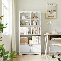 a room with a desk, chair and bookshelf