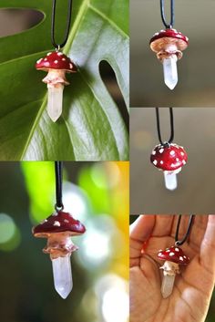 three pictures of different types of mushrooms on a black cord with white and red beads