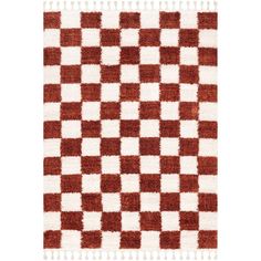 a red and white checkered rug with fringes