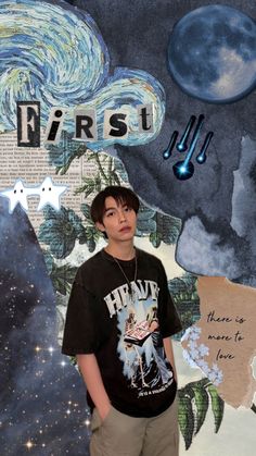 a young man standing in front of a collage of stars and planets with the word first written on it