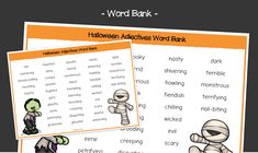 halloween word bank with an image of two different characters and the words below them are in orange