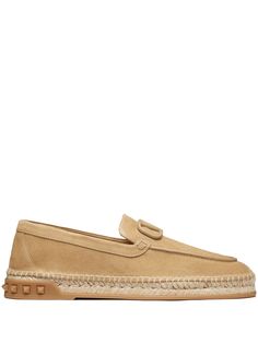 desert beige suede VLogo Signature tonal design almond toe slip-on style braided raffia sole Rockstud Heels, Valentino Logo, Blue Espadrilles, Double Strap Sandals, Leather Espadrilles, Derby Shoes, Espadrille Shoes, Lace Up Shoes, Strap Sandals