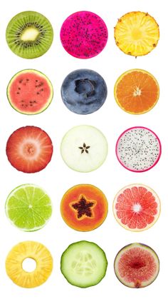 different types of fruit cut in half to look like they are on the same page