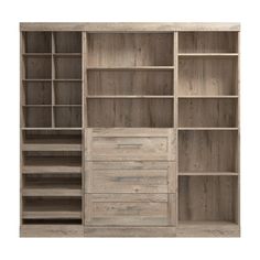 an open bookcase with drawers and shelves