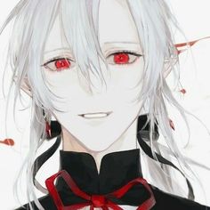 an anime character with red eyes and long white hair, wearing a black shirt and bow tie