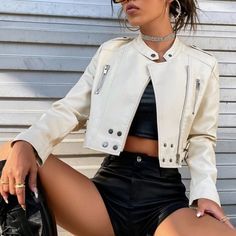 Cream Faux Leather Zip Up Moto Jacket Jacket Is Sort Of Short! See Photos. Worn One Time! Basically New :) 100% Polyester Casual Outerwear, Leather Biker Jacket, Leather Moto, Leather Moto Jacket, Solid Clothes, Spring And Autumn, Outerwear Coats, Moto Jacket, Biker Jacket