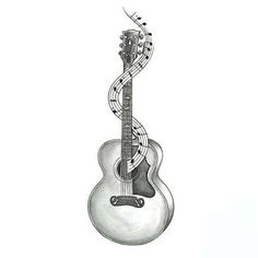 a drawing of an acoustic guitar with musical notes on it's back and neck