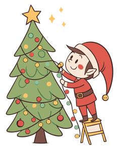 an elf is decorating a christmas tree