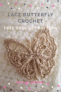 the lace butterfly crochet pattern is shown on top of a white knitted blanket