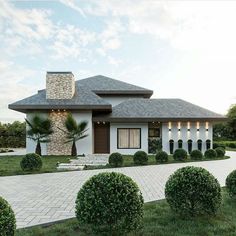 this is a rendering of a modern house in the country side with stone and wood accents