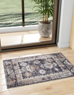 a large area rug in front of a window with a potted plant next to it