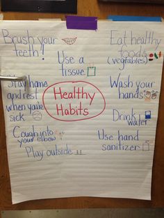 a bulletin board with writing on it that says healthy hobits and wash your hands