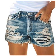 Distressed Ripped Blue Denim Jean Shorts - SHExFAB Casual Denim Shorts, Hot Short, Ripped Denim Shorts, Ripped Shorts, Jeans Casual, Jeans For Short Women, Short Jeans, Distressed Denim Shorts, Ripped Denim