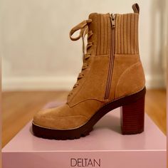 Deltan Sophie Suede Lug Booties Size: 8.5 Color: Cashew Features: Lace-Up & Zip-Up Closure Heel Height: 3.8” Fabric Lining Never Worn New In Box Casual Combat Boots With Platform And Block Heel, Casual Lace-up Boots With Platform And Block Heel, Casual Suede Platform Boots With Block Heel, Lug Sole, Cashew, Zip Up, Bootie Boots, Heel Height, Ankle Boots