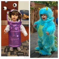 two children dressed up in costumes, one as a monster and the other as a girl