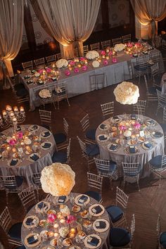 an overhead view of a banquet hall with tables and chairs set up for formal function