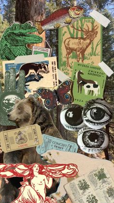 a collage of different types of stickers in the shape of animals and trees