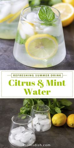 refreshing summer drink citrus and mint water with lemons on the side, along with ice cubes