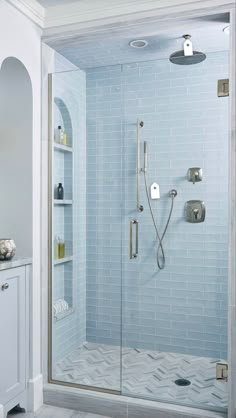 a walk in shower sitting inside of a bathroom