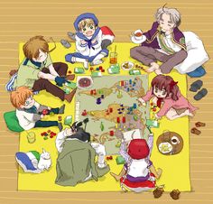 a group of people sitting around a table playing a board game with cups and saucers on it