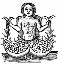 a drawing of a woman sitting on top of a fish like creature with her hands in the air