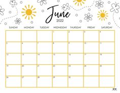 the june calendar with sunflowers on it