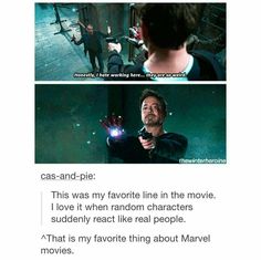 the avengers movie scene is shown in two different frames, one with an iron man pointing at