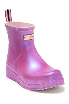 Iridescence makes more than a splash on a rubber rain boot set on a grippy lugged sole—for traction on the street and all across your rainy-day wardrobe. 1 1/4" heel; 3/4" platform (size 9) 6 1/4" shaft Pull-on style with adjustable buckle strap In hot or humid weather, natural latex rubber releases a protective wax film; simply wipe it off with a damp cloth A pristine finish and shine are easily restored with regular use of Hunter Boot Buffer or Instant Boot Shine Rubber upper/textile lining/ru Rain Boots Fashion, Metallic Boots, Fantastic Shoes, Hunter Shoes, Women Hunters, Rain Boot, Crazy Shoes