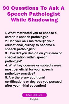 Learn about the ins and outs of shadowing a speech pathologist with this comprehensive list of 90 questions. Whether you're a student or an aspiring speech therapist, these questions will guide you in getting the most out of your shadowing experience. From career advice to practical tips, make sure you've covered all bases during your time with a speech pathologist. Perfect for gaining valuable insights and making the most of this learning opportunity! Pathology Study, Speech Pathologist, Career Day, Choosing A Career, Speech Therapist