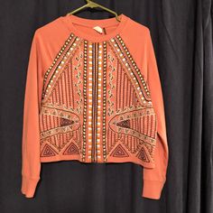 Never Worn! In Perfect Condition. Size Xs. Casual Long Sleeve Tops With Geometric Embroidery, Embellished Casual Fall Sweatshirt, Embellished Casual Sweatshirt For Fall, Casual Embellished Fall Sweatshirt, Bohemian Crew Neck Top With Geometric Embroidery, Casual Embellished Long Sleeve Sweatshirt, Casual Long Sleeve Embellished Sweatshirt, Bohemian Tops With Geometric Embroidery And Crew Neck, Fitted Long Sleeve Tops With Embroidered Graphics