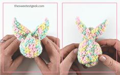 someone is crocheting an easter bunny out of yarn and then holding it in their hands