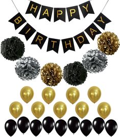 a happy birthday banner with black and gold balloons