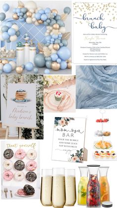 a collage of blue and white items including balloons, cake, drinks and desserts