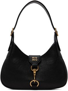 Buffed leather shoulder bag in black. · Adjustable pin-buckle shoulder strap · Logo hardware at face · Foldover tab with lanyard-clasp fastening · Patch and zip pockets at interior · Satin lining · H6 x W11.5 x W1.5 in Supplier color: Black Muimui Bag, Miu Miu Shoulder Bag, Miumiu Bags, Black Designer Bag, Tyler Style, Miu Miu Clothing, Shoulder Bag Aesthetic, Designer Bags Black, Black Designer Bags