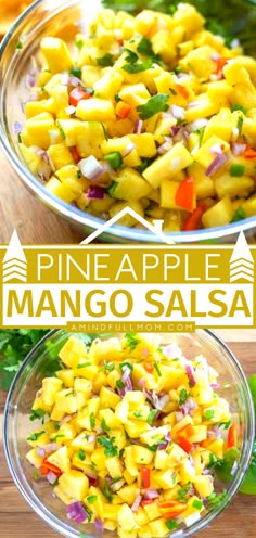 pineapple mango salsa in two glass bowls on a wooden table with text overlay